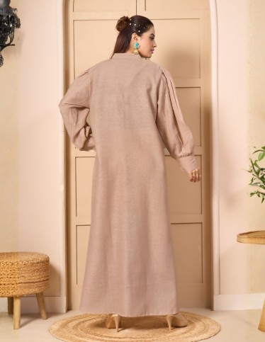 "Linen-Look Elegance" Abaya-Style Jalabiya with Mandarin Collar & Silver Tree Embroidery - Nude Beige