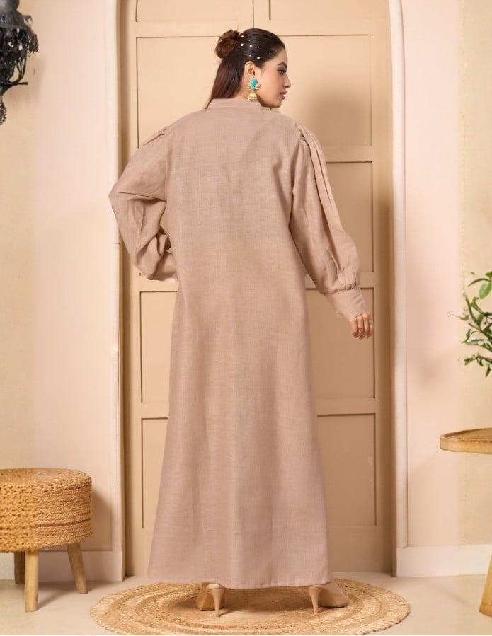 "Linen-Look Elegance" Abaya-Style Jalabiya with Mandarin Collar & Silver Tree Embroidery - Nude Beige