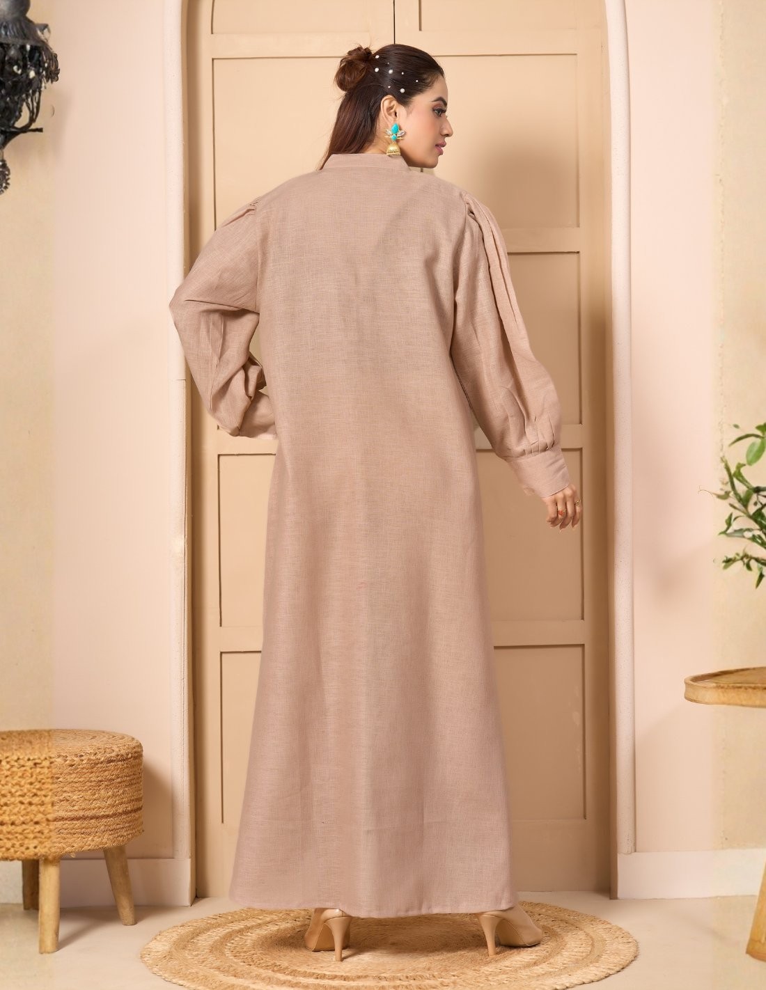 "Linen-Look Elegance" Abaya-Style Jalabiya with Mandarin Collar & Silver Tree Embroidery - Nude Beige