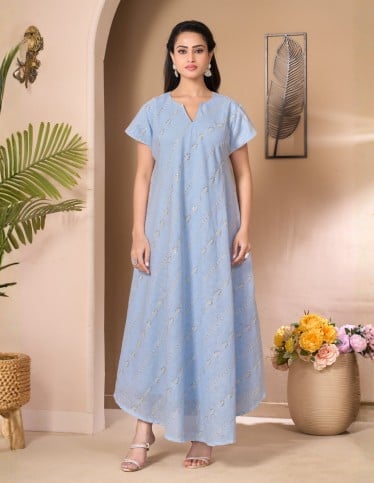 Sky Blue Summer Linen-Look Jalabiya with Diagonal Sequin Embroidery
