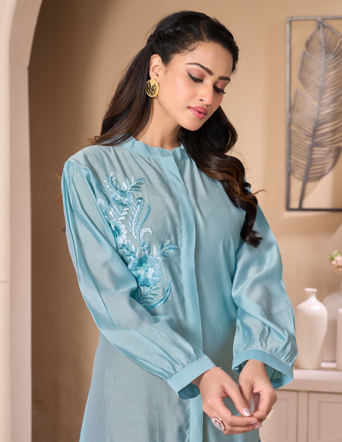 "Turquoise Bliss" Silk-Look Jalabiya with Hand-Embroidered Floral Details