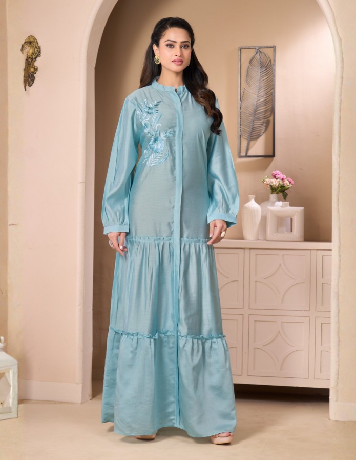 "Turquoise Bliss" Silk-Look Jalabiya with Hand-Embroidered Floral Details