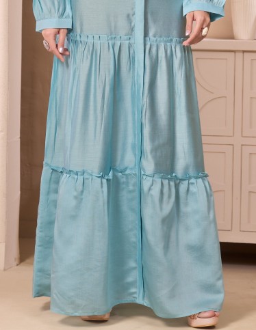 "Turquoise Bliss" Silk-Look Jalabiya with Hand-Embroidered Floral Details