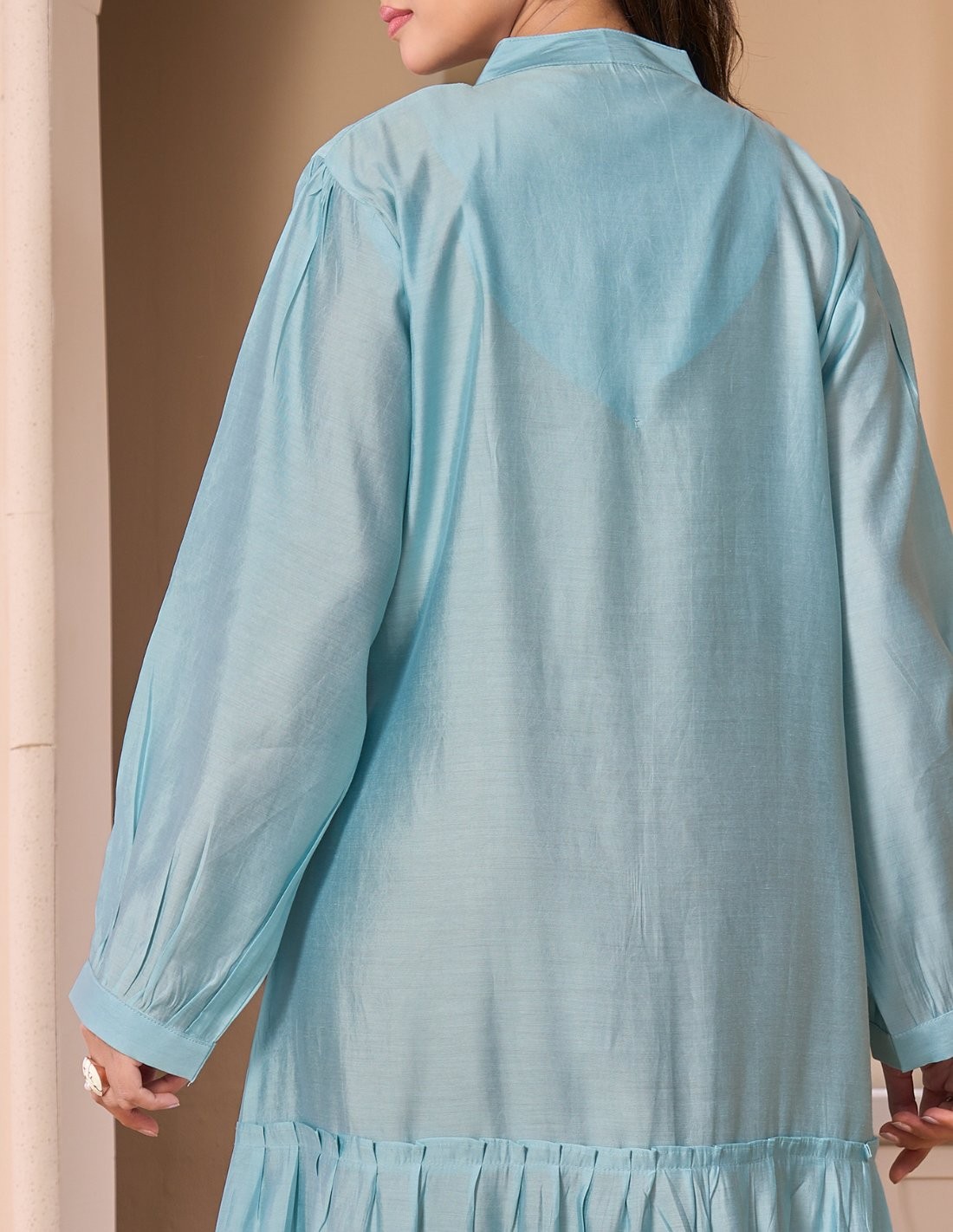 "Turquoise Bliss" Silk-Look Jalabiya with Hand-Embroidered Floral Details