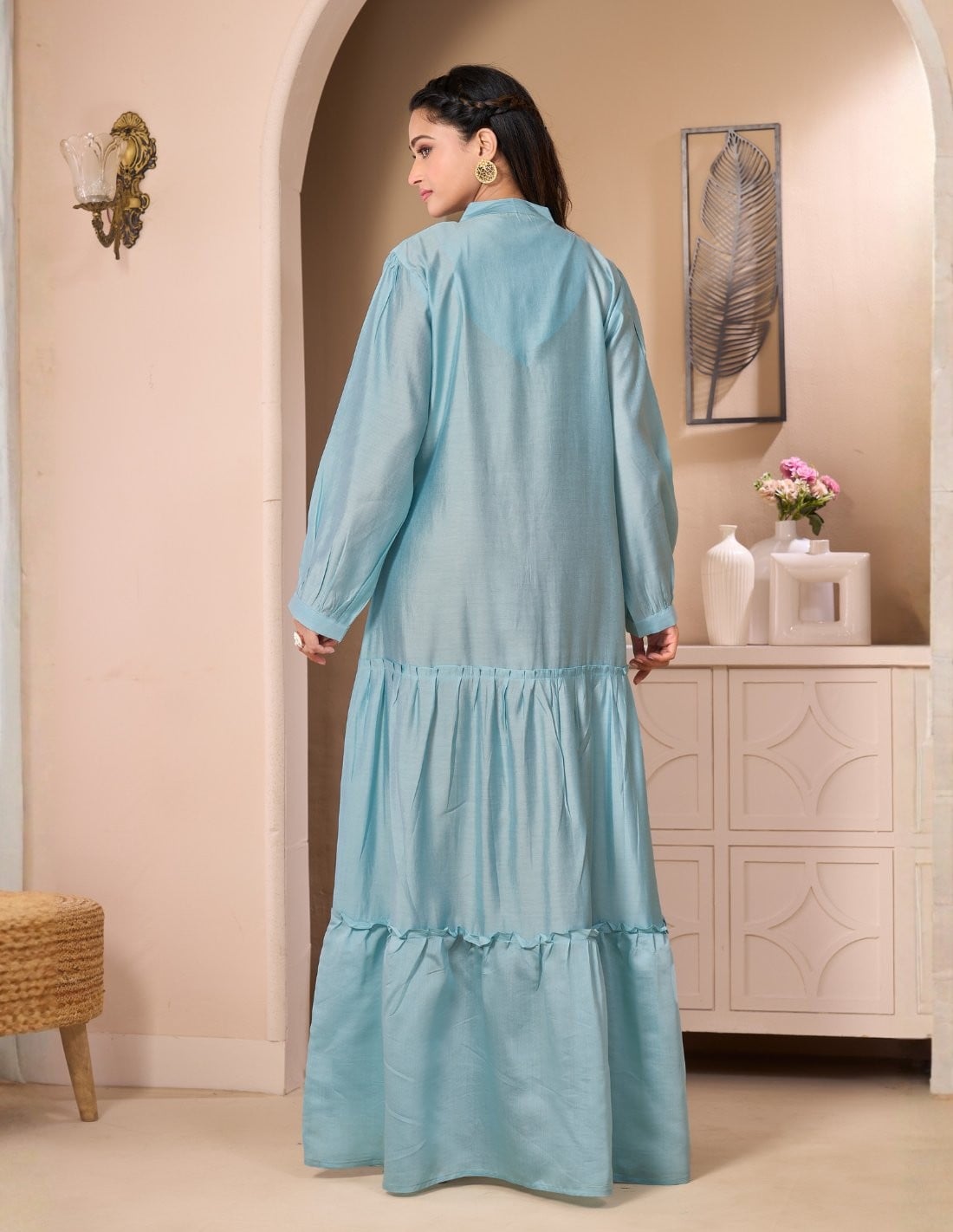 "Turquoise Bliss" Silk-Look Jalabiya with Hand-Embroidered Floral Details