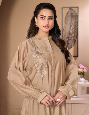 Golden Beige Casual Jalabiya with Ruffled Details and Geometric Embroidery