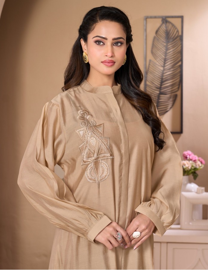 Golden Beige Casual Jalabiya with Ruffled Details and Geometric Embroidery