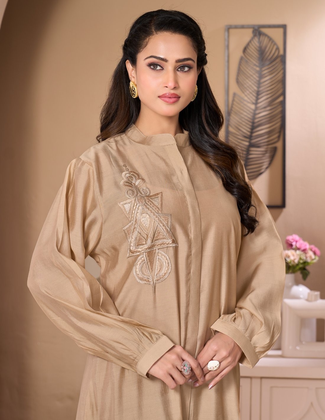 Golden Beige Casual Jalabiya with Ruffled Details and Geometric Embroidery