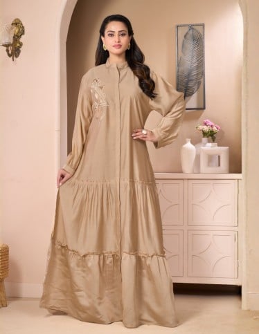 Golden Beige Casual Jalabiya with Ruffled Details and Geometric Embroidery
