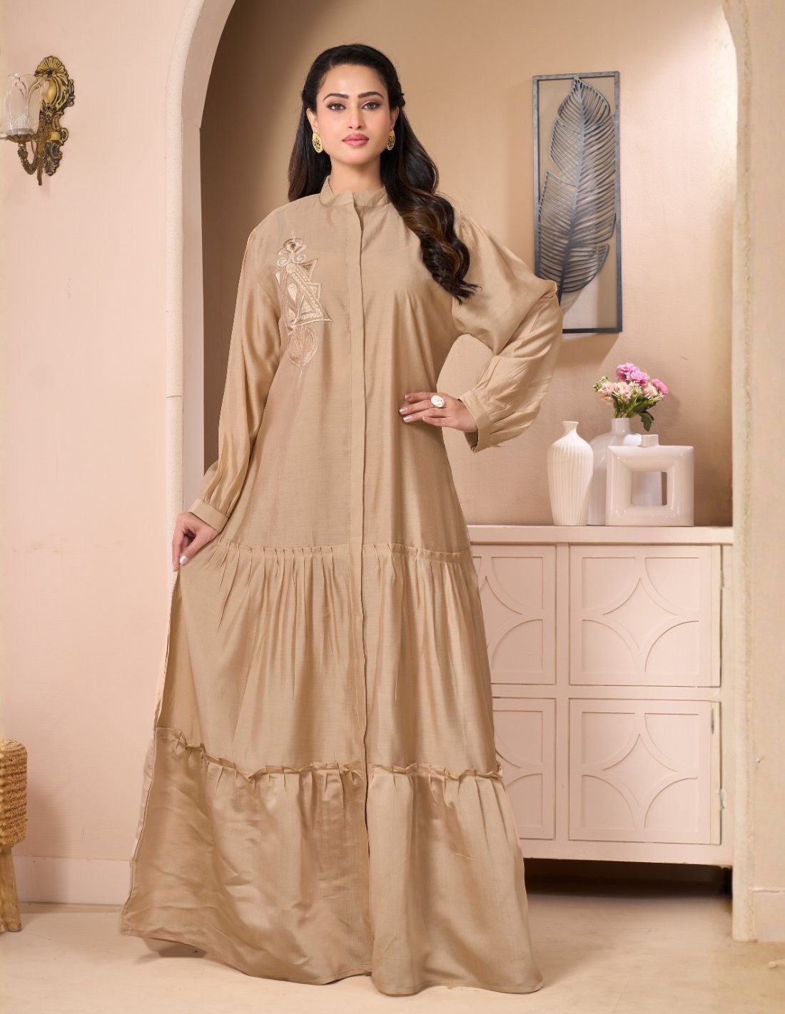 Golden Beige Casual Jalabiya with Ruffled Details and Geometric Embroidery