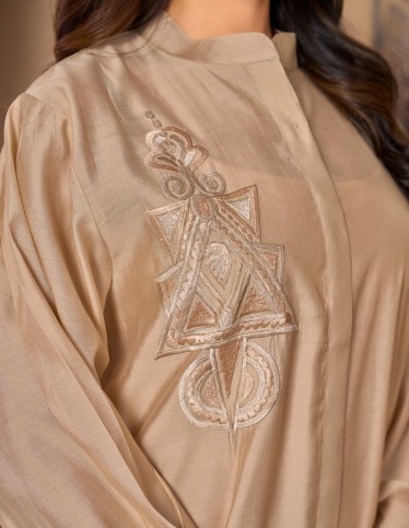 Golden Beige Casual Jalabiya with Ruffled Details and Geometric Embroidery