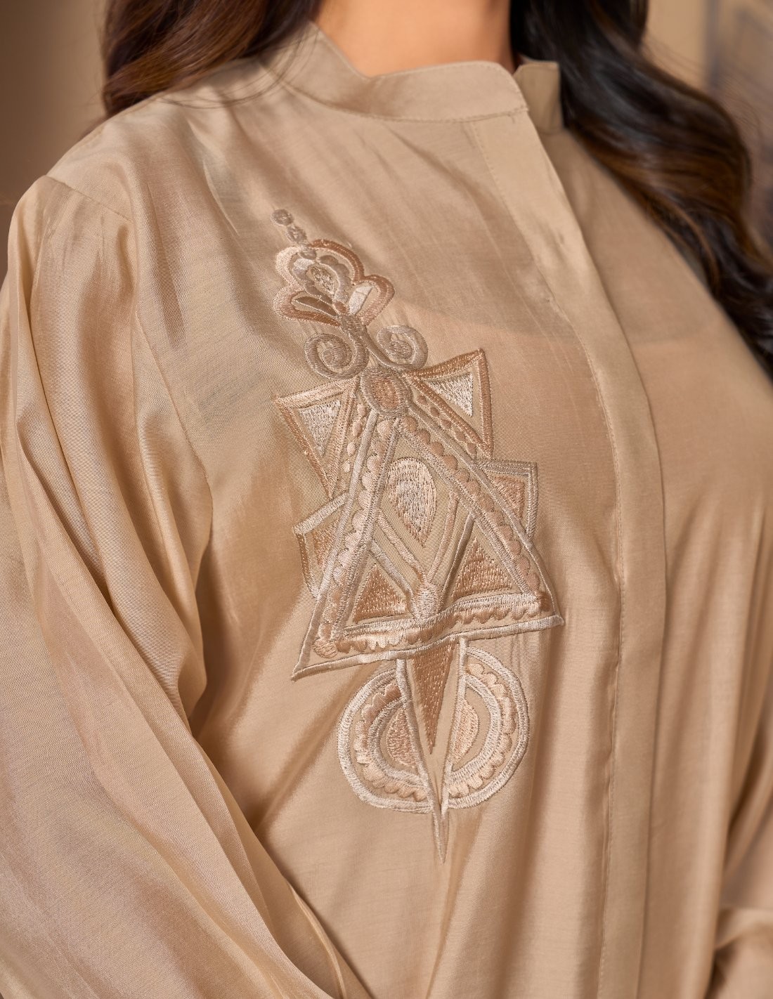 Golden Beige Casual Jalabiya with Ruffled Details and Geometric Embroidery