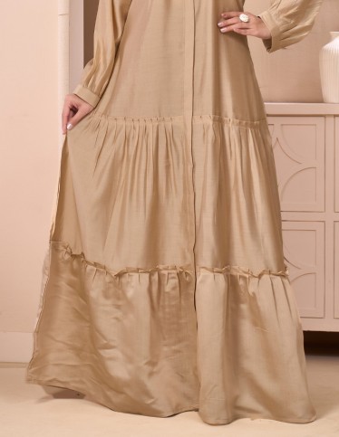 Golden Beige Casual Jalabiya with Ruffled Details and Geometric Embroidery