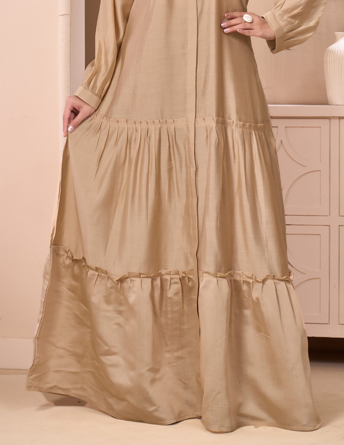 Golden Beige Casual Jalabiya with Ruffled Details and Geometric Embroidery