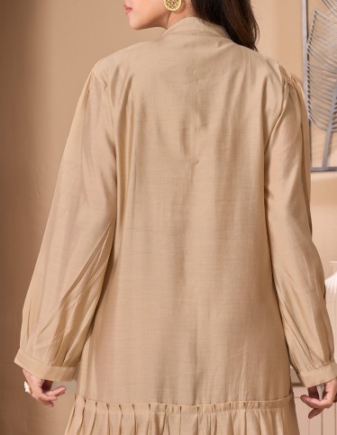 Golden Beige Casual Jalabiya with Ruffled Details and Geometric Embroidery