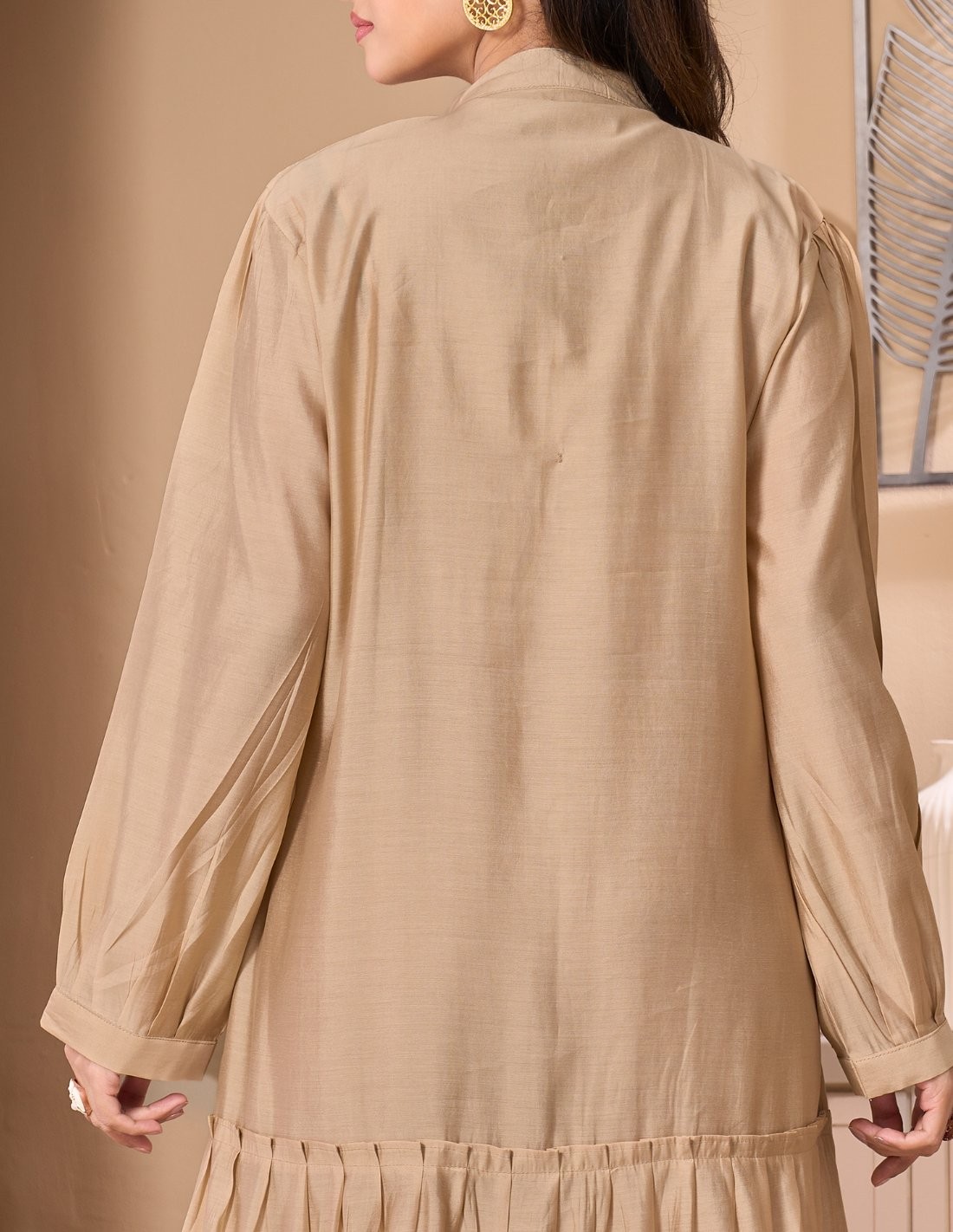Golden Beige Casual Jalabiya with Ruffled Details and Geometric Embroidery