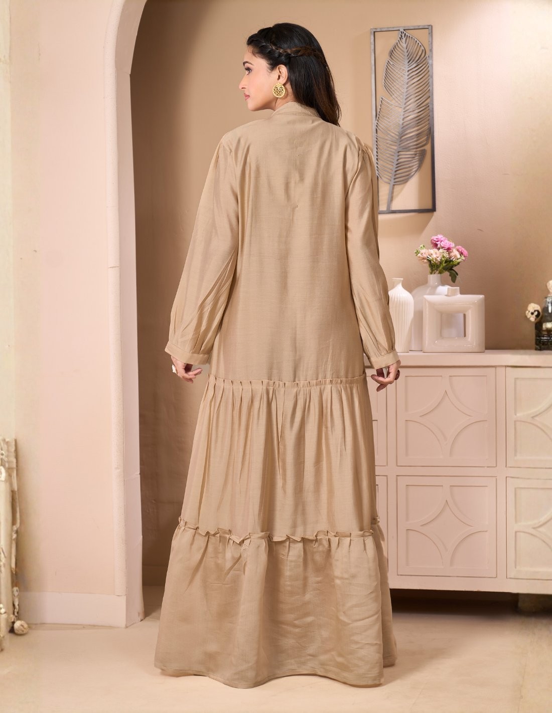 Golden Beige Casual Jalabiya with Ruffled Details and Geometric Embroidery