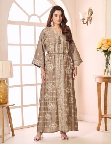 Asala Modern Taupe Casual Jalabiya with Waist Belt