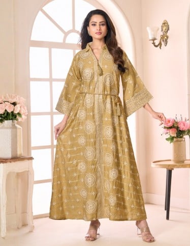 Sondos Mustard Jalabiya with Golden Geometric Embroidery & Belt