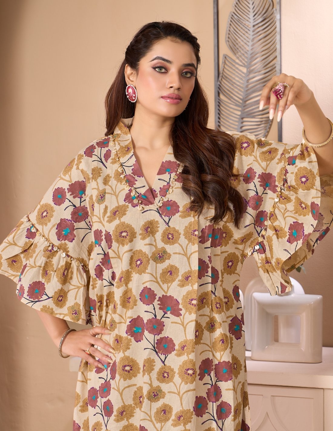 Rawda Floral Bohemian Jalabiya with Wide Ruffle Sleeves