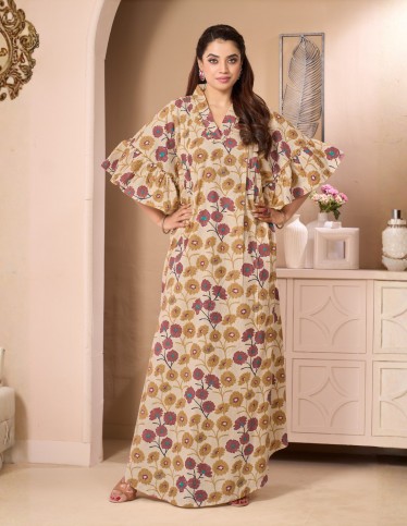 Rawda Floral Bohemian Jalabiya with Wide Ruffle Sleeves