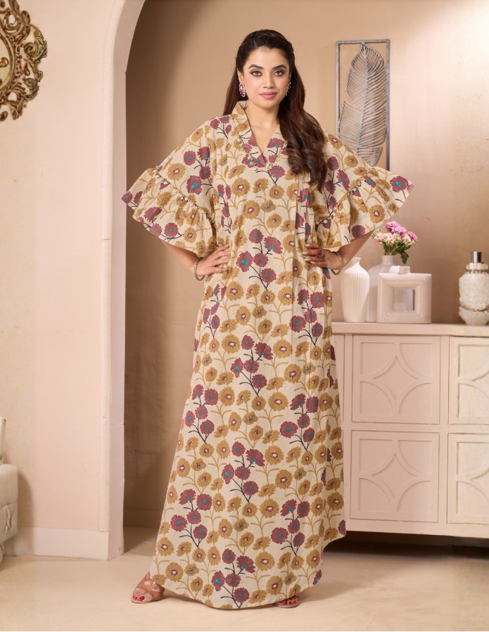 Rawda Floral Bohemian Jalabiya with Wide Ruffle Sleeves