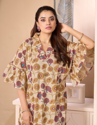 Rawda Floral Bohemian Jalabiya with Wide Ruffle Sleeves