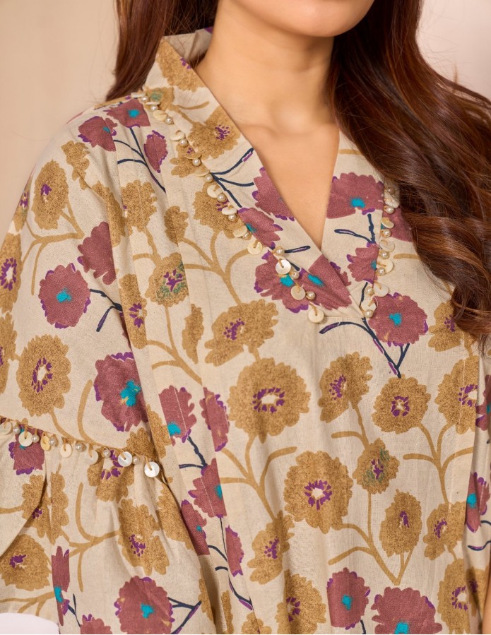 Rawda Floral Bohemian Jalabiya with Wide Ruffle Sleeves