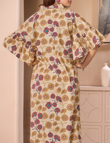 Rawda Floral Bohemian Jalabiya with Wide Ruffle Sleeves