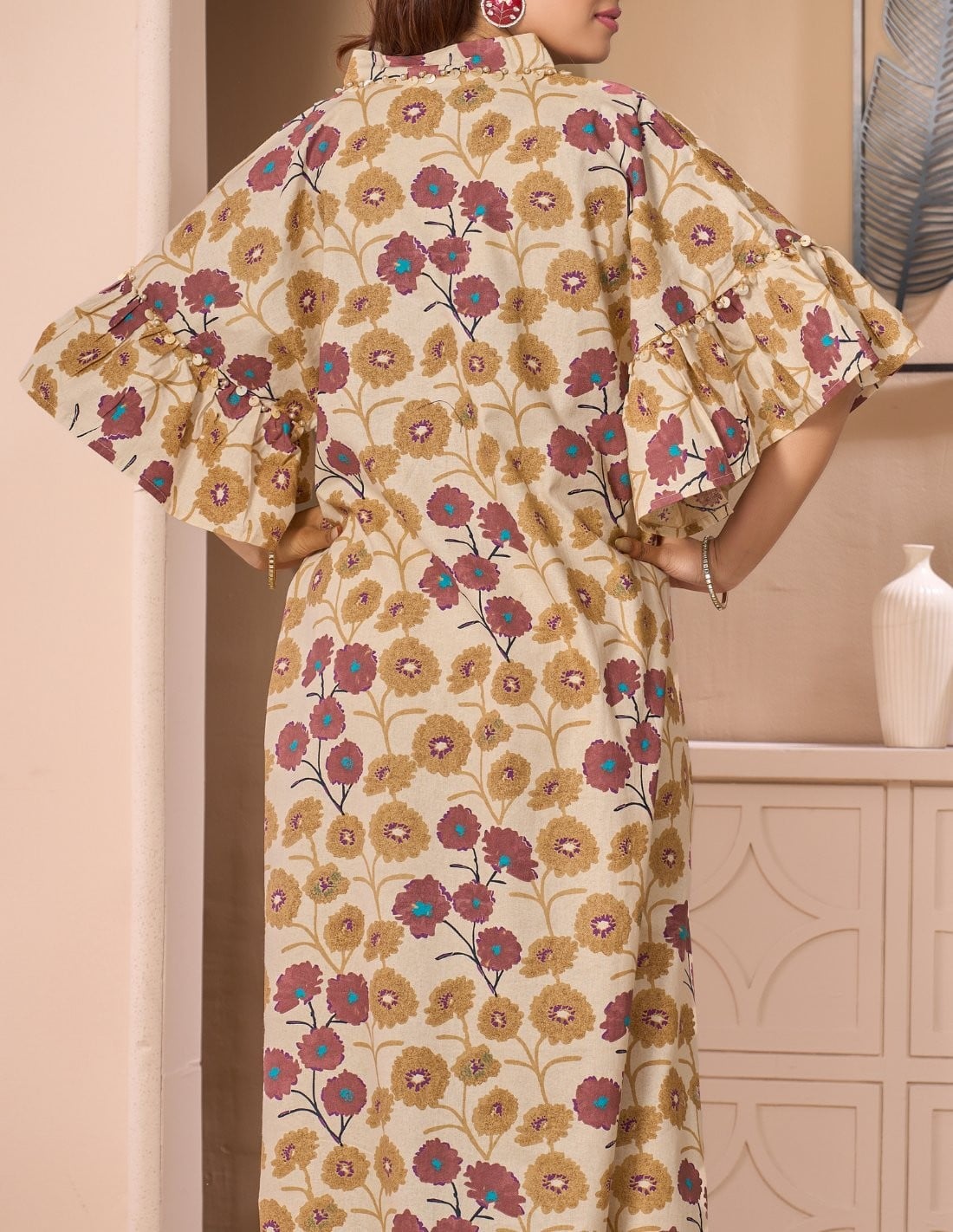 Rawda Floral Bohemian Jalabiya with Wide Ruffle Sleeves