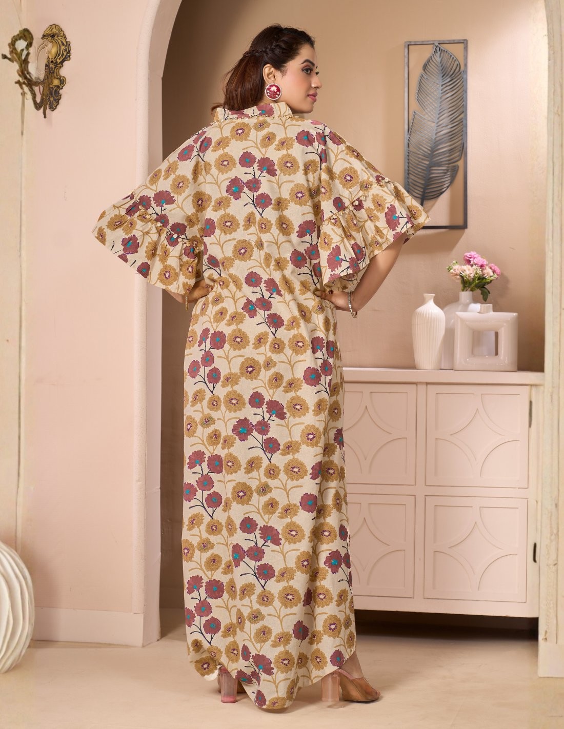 Rawda Floral Bohemian Jalabiya with Wide Ruffle Sleeves