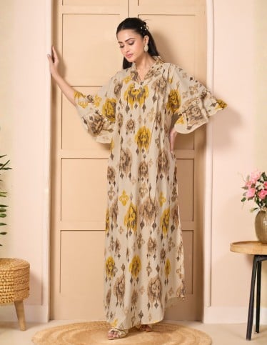 "Ikat Classic" Beige and Gold Jalabiya with Ruffled Sleeves