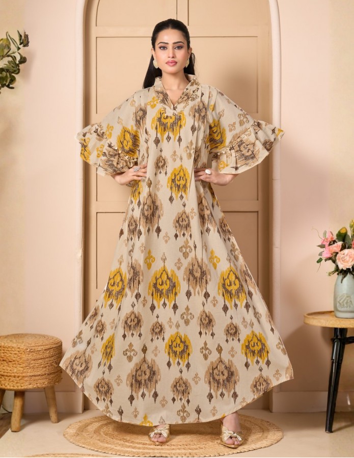 "Ikat Classic" Beige and Gold Jalabiya with Ruffled Sleeves