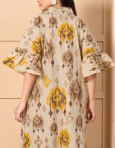 "Ikat Classic" Beige and Gold Jalabiya with Ruffled Sleeves