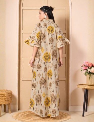 "Ikat Classic" Beige and Gold Jalabiya with Ruffled Sleeves