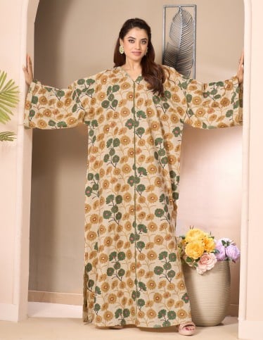 "Flora" Beige Floral Jalabiya with Embroidered Butterfly Sleeves