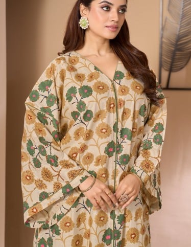 "Flora" Beige Floral Jalabiya with Embroidered Butterfly Sleeves