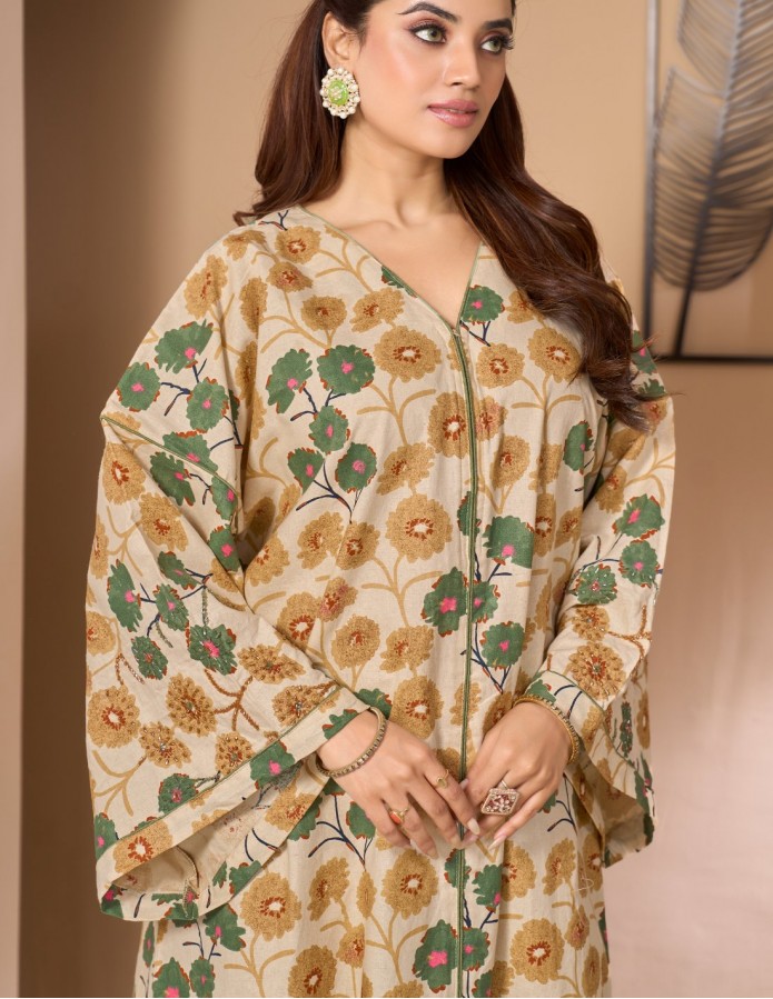 "Flora" Beige Floral Jalabiya with Embroidered Butterfly Sleeves