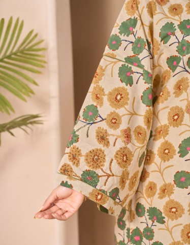 "Flora" Beige Floral Jalabiya with Embroidered Butterfly Sleeves