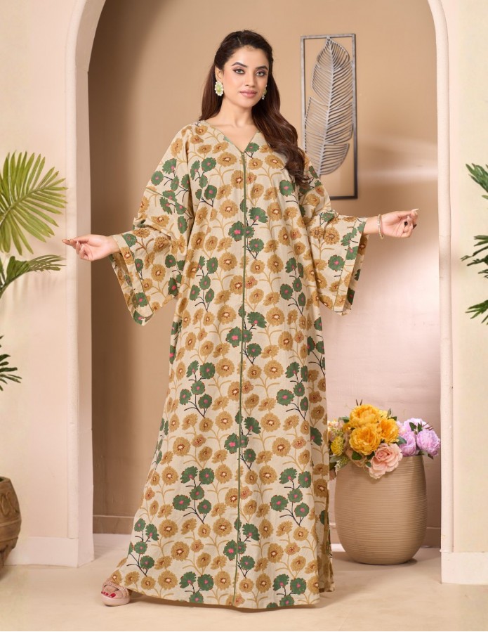 "Flora" Beige Floral Jalabiya with Embroidered Butterfly Sleeves