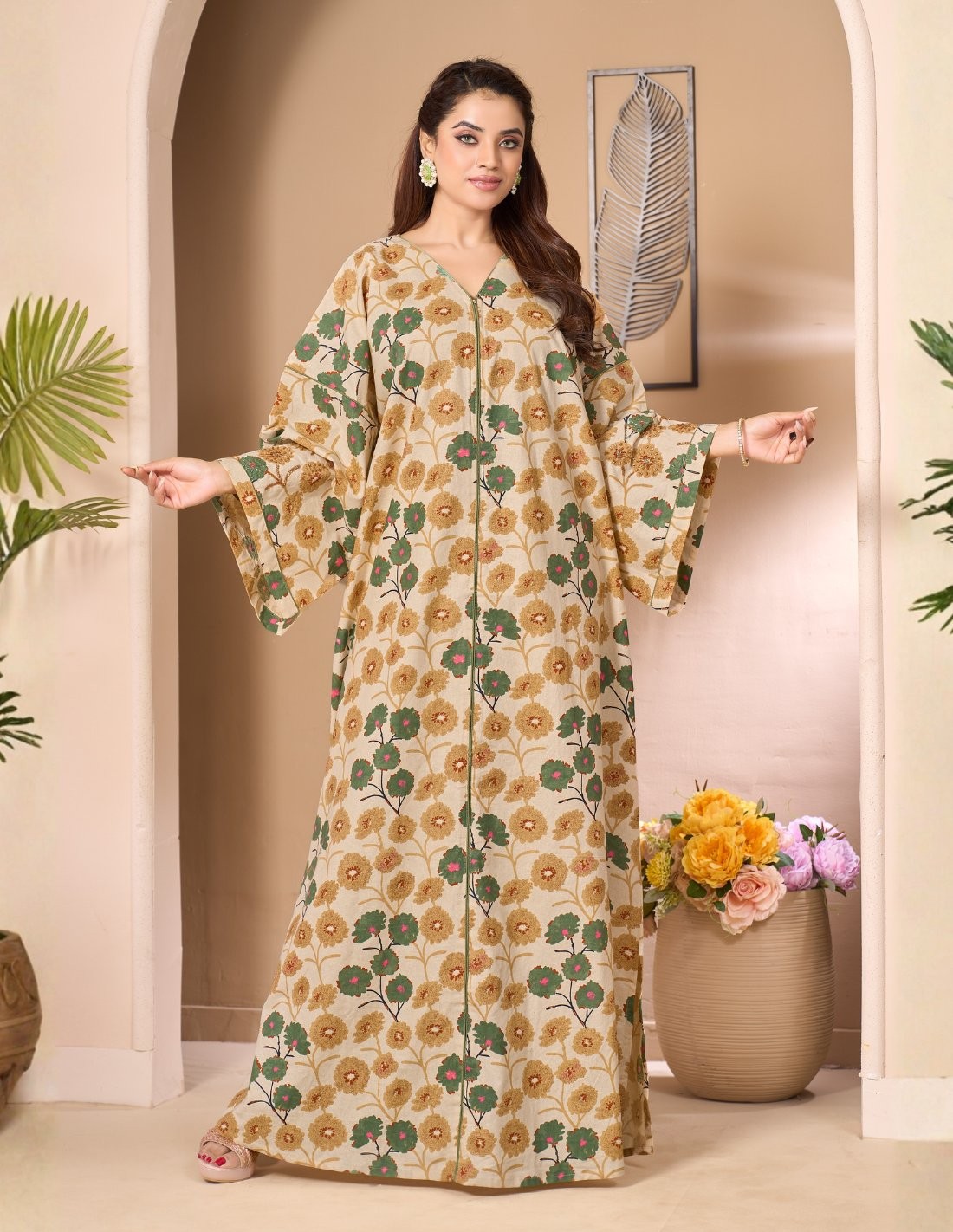 "Flora" Beige Floral Jalabiya with Embroidered Butterfly Sleeves