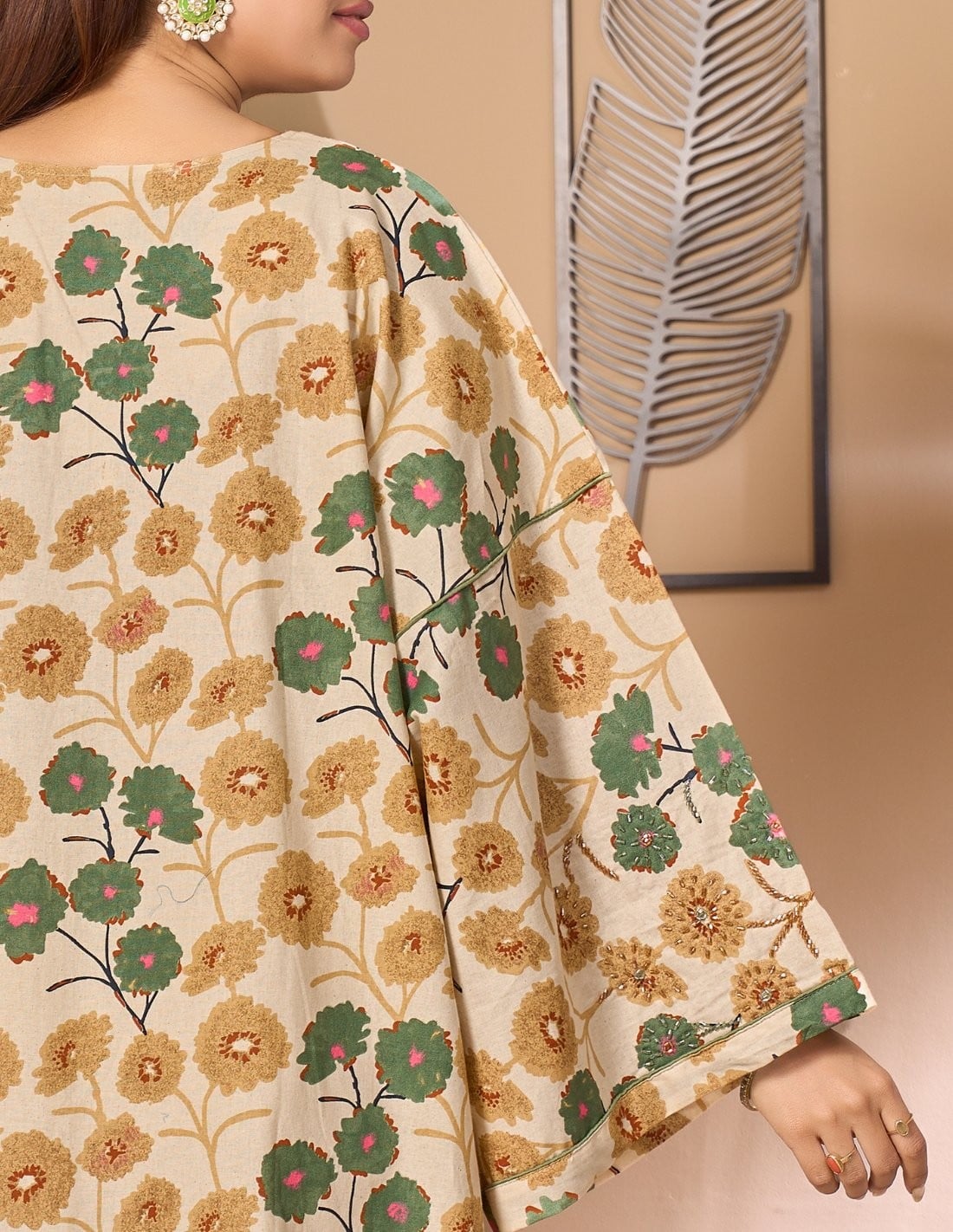 "Flora" Beige Floral Jalabiya with Embroidered Butterfly Sleeves