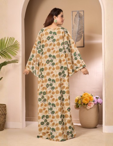 "Flora" Beige Floral Jalabiya with Embroidered Butterfly Sleeves