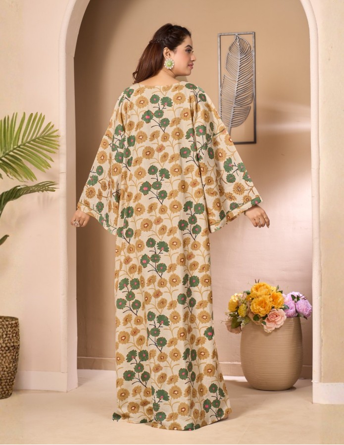 "Flora" Beige Floral Jalabiya with Embroidered Butterfly Sleeves