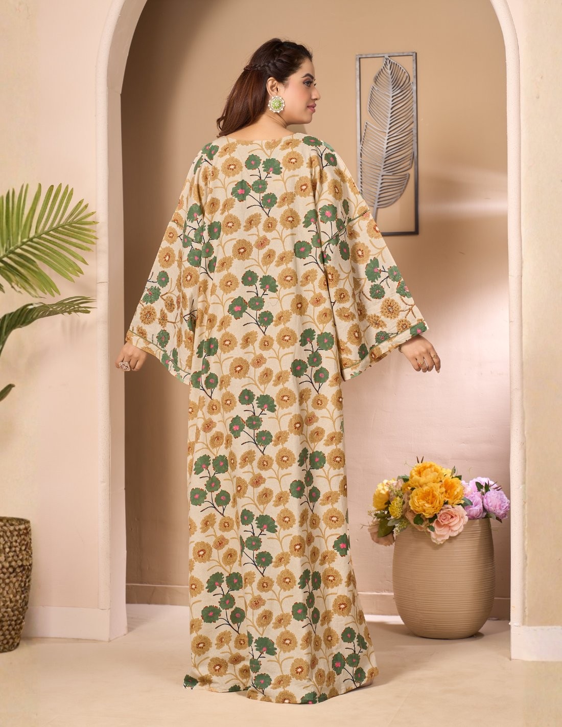 "Flora" Beige Floral Jalabiya with Embroidered Butterfly Sleeves