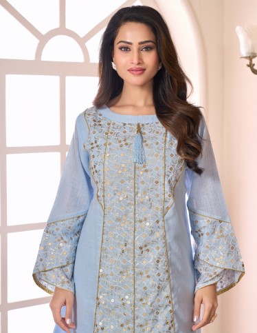 "Bella" Sky Blue Jalabiya with Geometric Embroidery & Gold Sequins