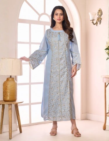 "Bella" Sky Blue Jalabiya with Geometric Embroidery & Gold Sequins