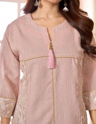 "Rose" Dusty Pink Jalabiya with Golden Fan Embroidery