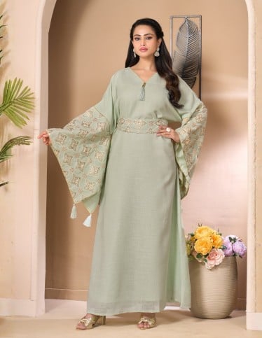 Elegant Pastel Green Jalabiya with Embroidered Kimono Sleeves