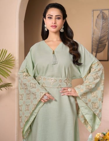 Elegant Pastel Green Jalabiya with Embroidered Kimono Sleeves